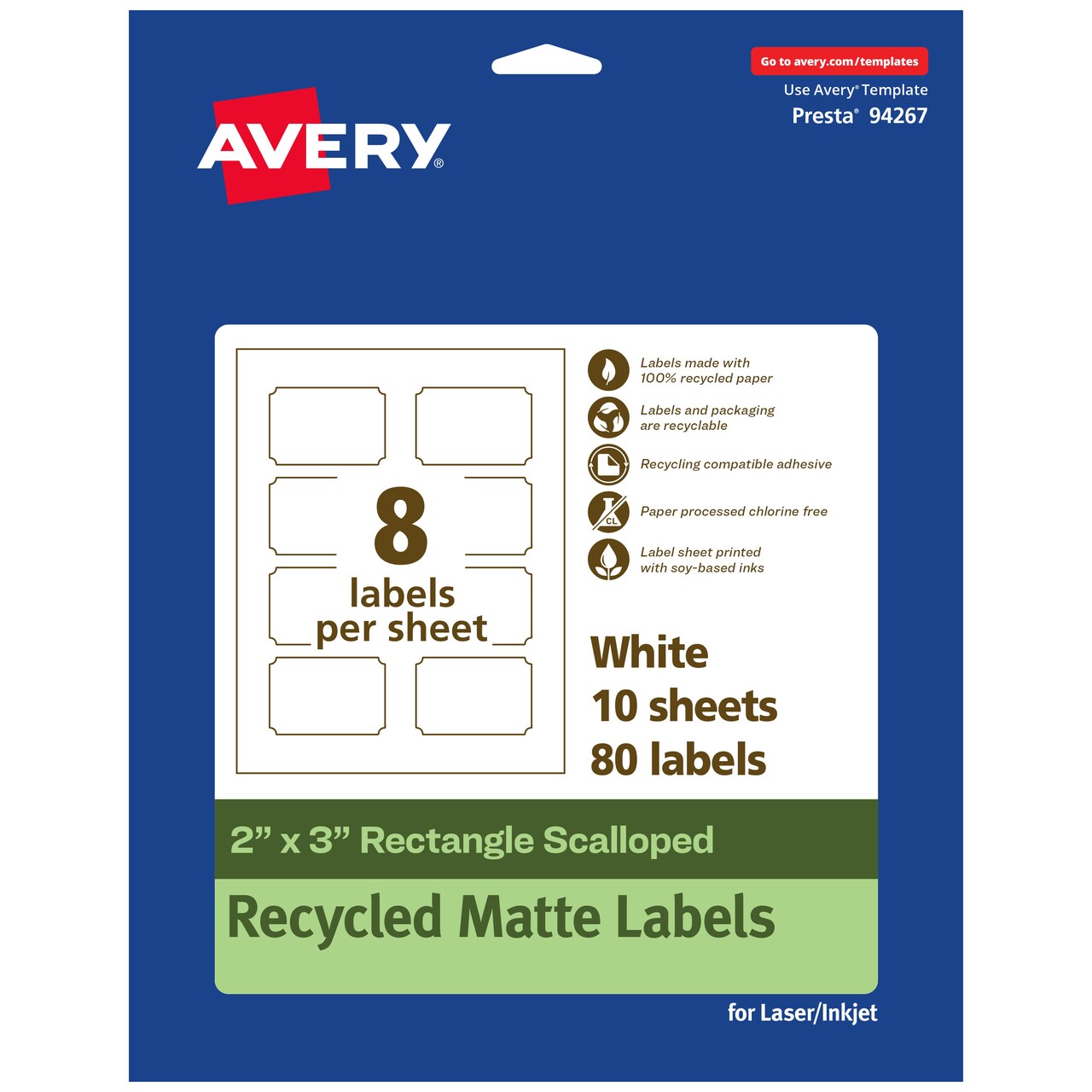 Avery Recycled Matte White Labels, 2" x 3" Rectangle Scalloped